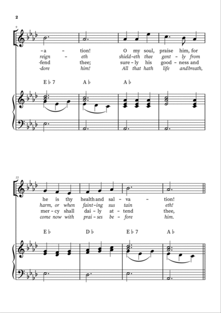 Praise To The Lord, The Almighty – Voice with Piano Accompaniment (A Flat Major) Voice scores gallery preview page 2