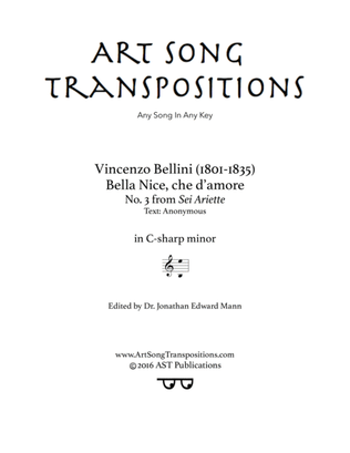 Book cover for BELLINI: Bella Nice, che d'amore (transposed to C-sharp minor)