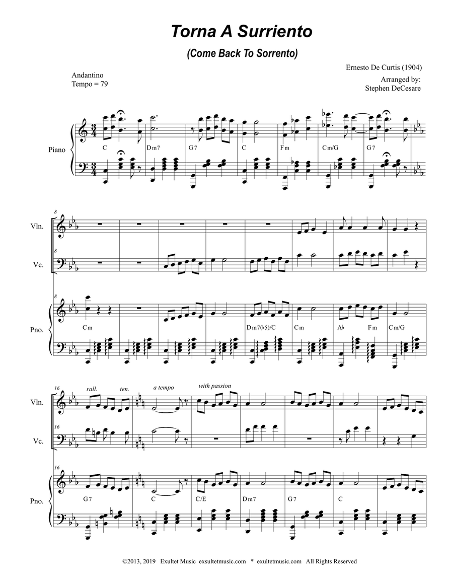 Torna A Surriento (Come Back to Sorrento) (Duet for Violin and Cello) Piano Trio scores gallery preview page 2