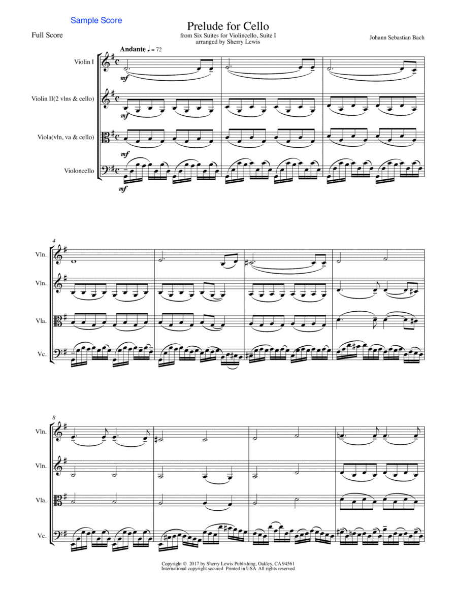PRELUDE FROM CELLO SUITE NO. 1 by Bach String Trio, Intermediate Level for 2 violins and cello or vi Cello scores gallery preview page 1