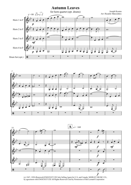 Autumn Leaves for Horn Quartet (optional drums) image number null
