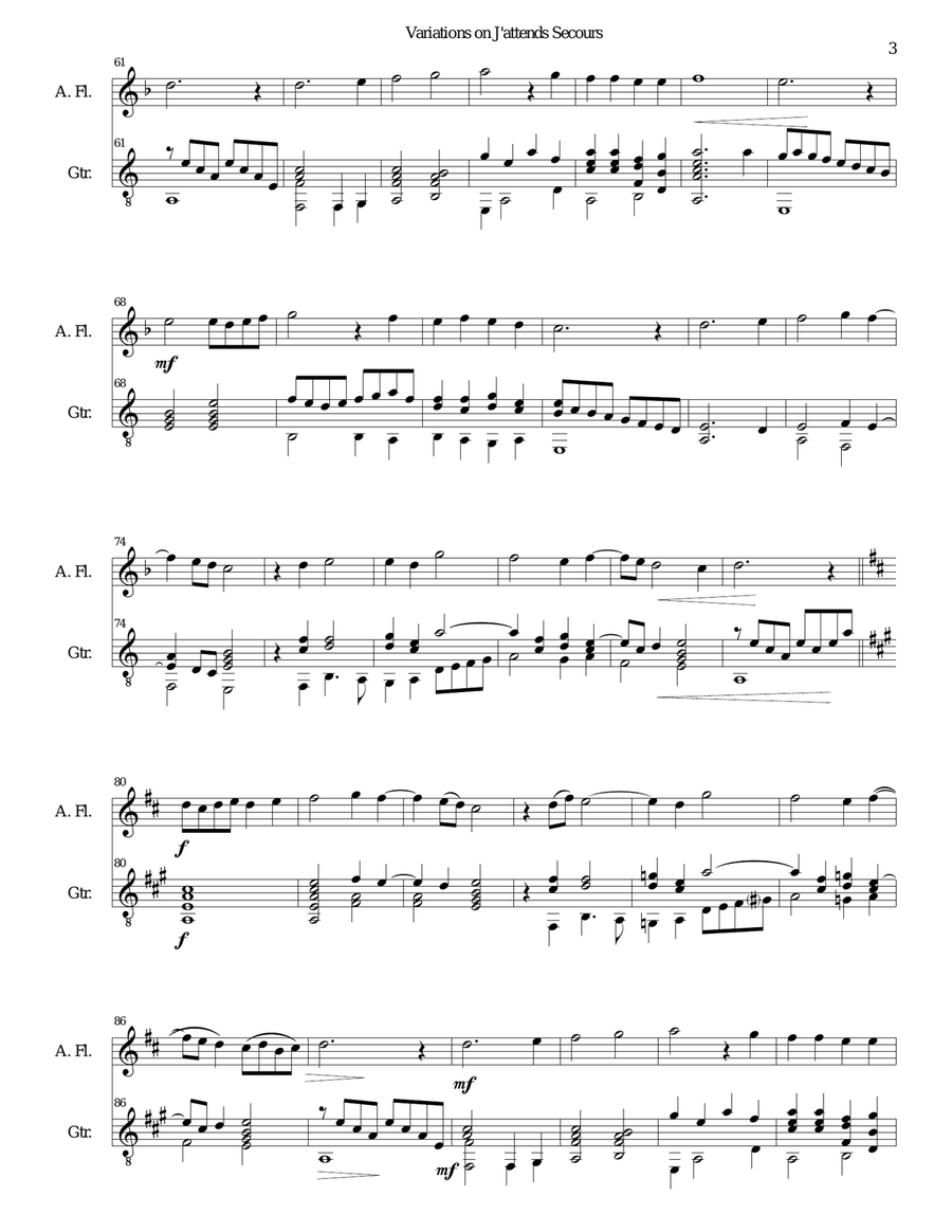 Variations on J'attends secours for alto flute and guitar Flute scores gallery preview page 3