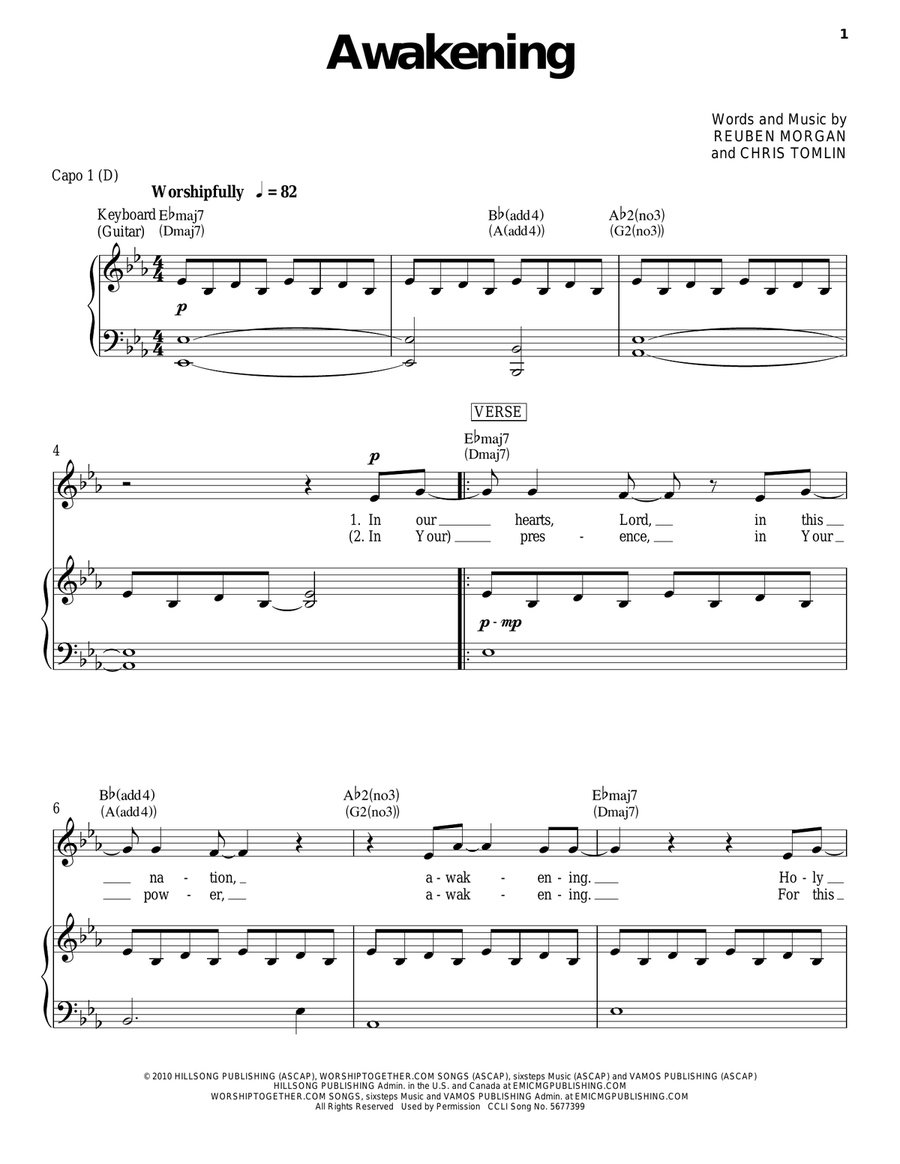 Awakening Awakening Piano, Vocal, Guitar scores gallery preview page 1