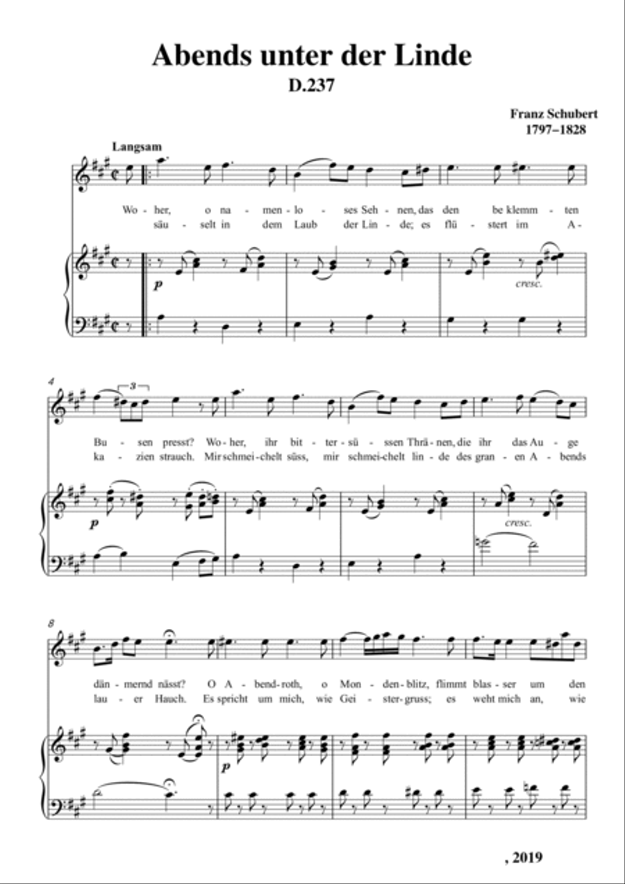 Schubert-Abends unter der Linde,D.237 in A for Vocal and Piano Voice scores gallery preview page 2