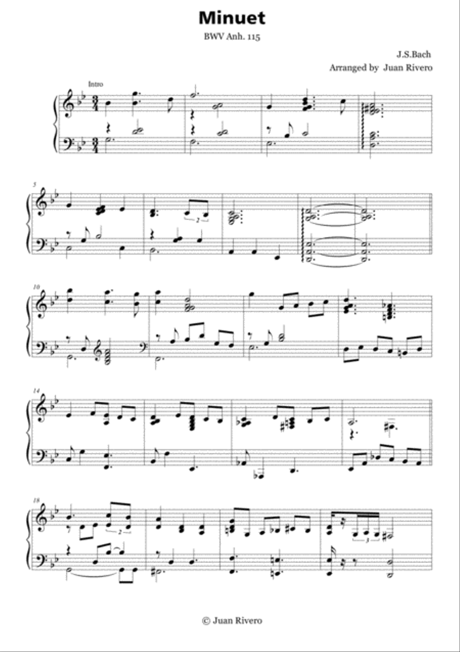 Johann Sebastian Bach - Minuet BWV Anh. 115 - Jazz Advanced Intermediate Piano Piano Solo scores gallery preview page 1