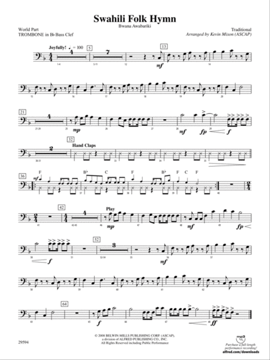 Swahili Folk Hymn (Bwana Awabariki): (World Part) 1st B-flat Trombone B.C. Concert Band scores gallery preview page 1