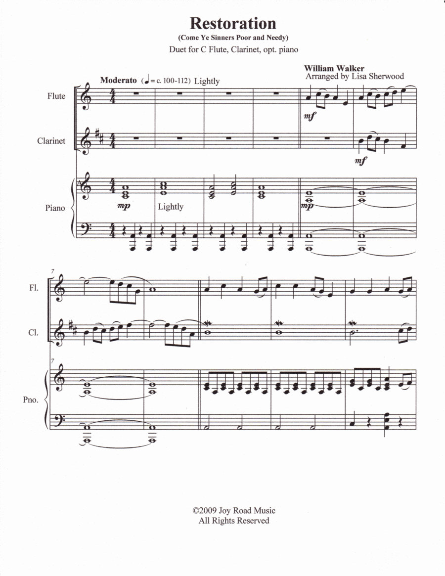 Restoration (Come Ye Sinners) Flute, Clarinet duet, with piano Woodwind Duet scores gallery preview page 1