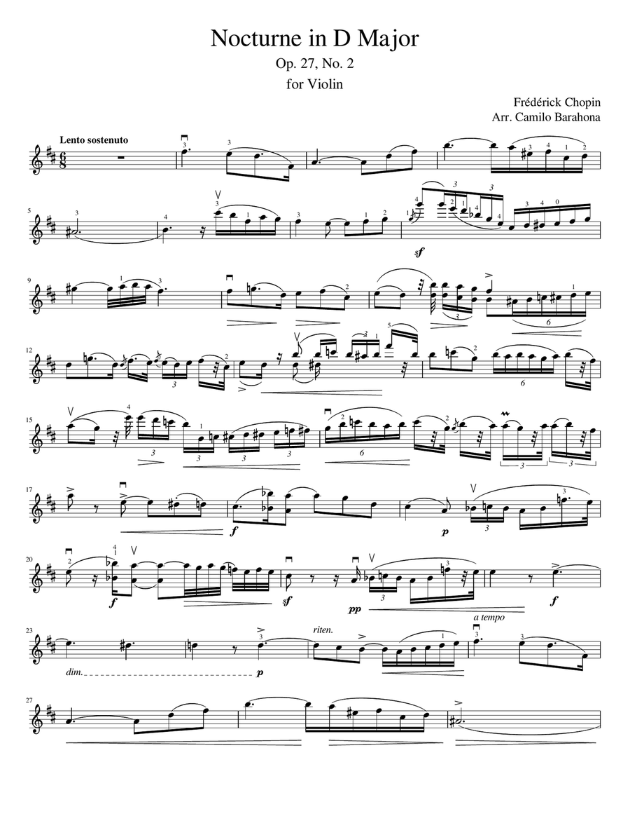 Chopin, Nocturne in D Major, Op. 27 no. 2, for Intermediate Violin Violin Solo scores gallery preview page 1
