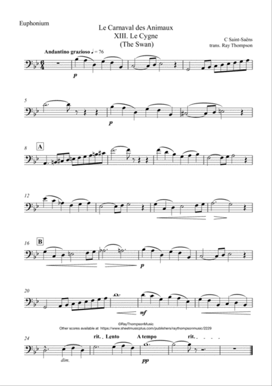 Saint-Saëns: Le Carnaval des Animaux XIII. Le Cygne (The Swan) - euphonium/piano Euphonium scores gallery preview page 4