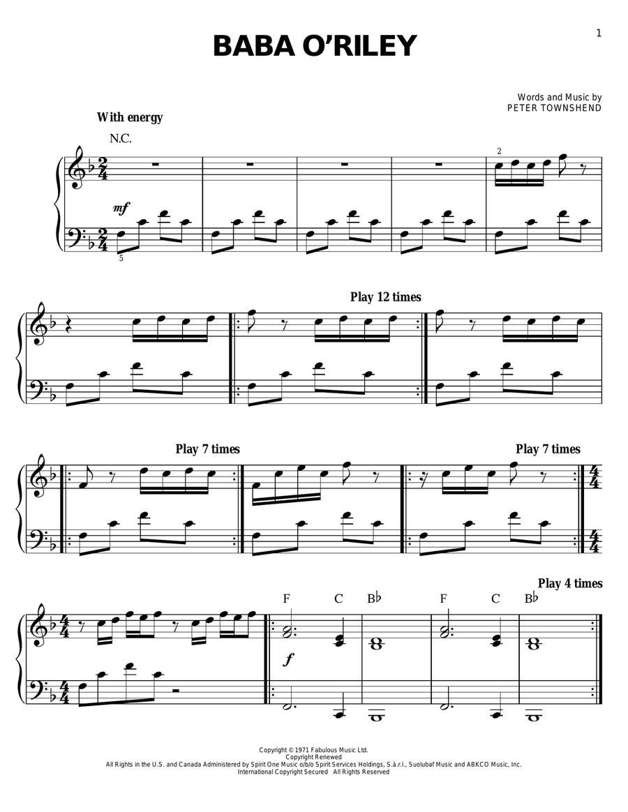 Baba O'Riley Easy Piano scores gallery preview page 1