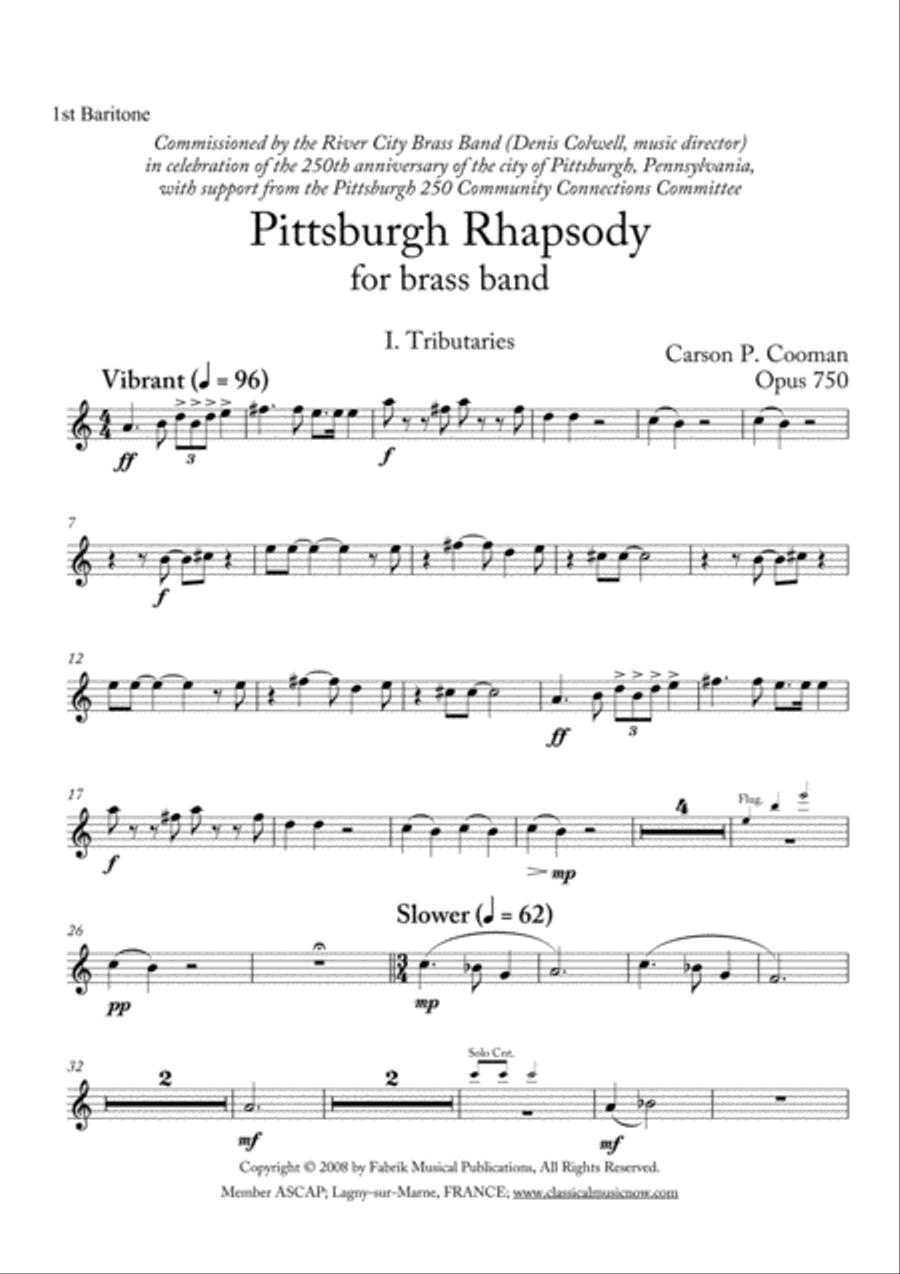 Carson Cooman: Pittsburgh Rhapsody (2008) for brass band, 1st baritone part Brass Band scores gallery preview page 1