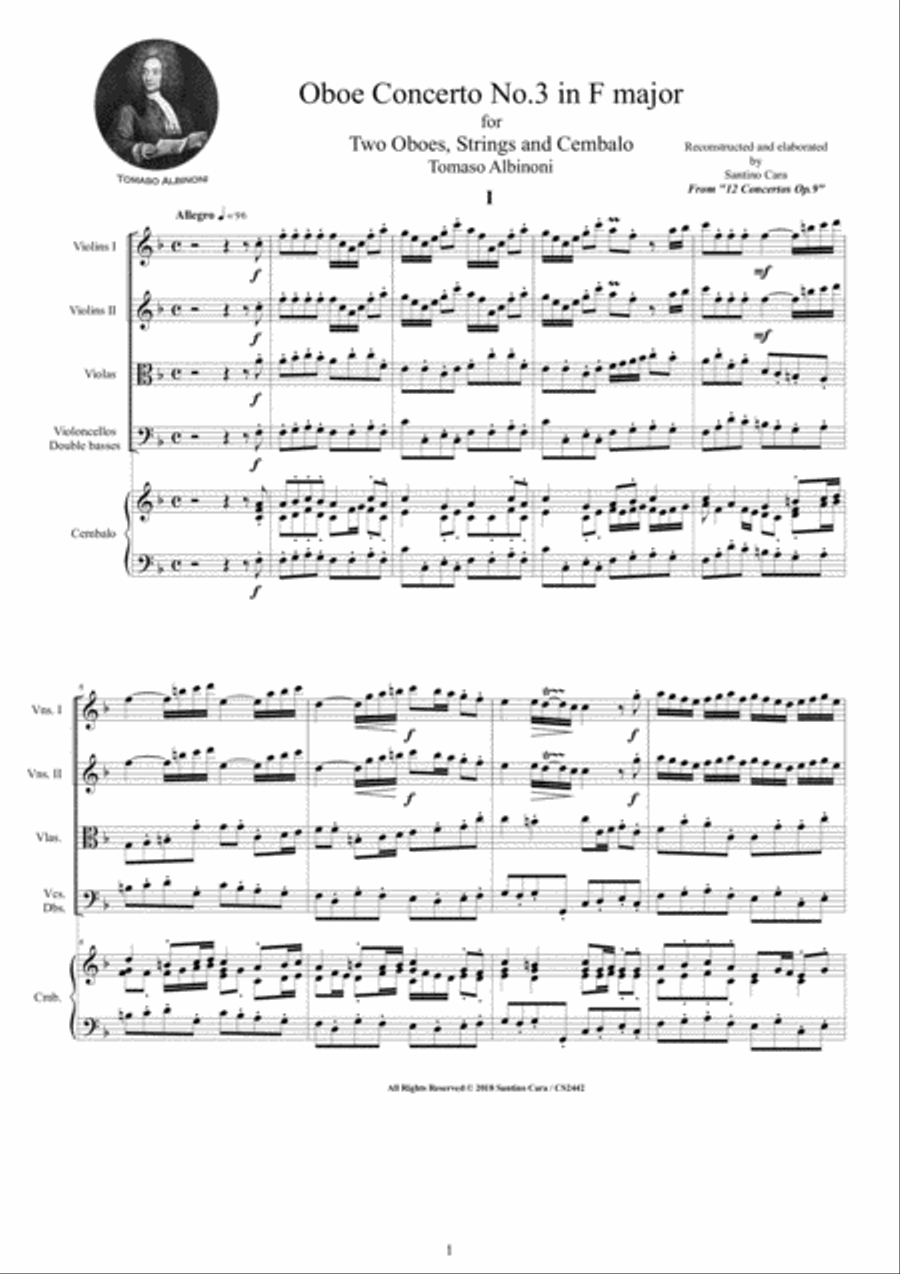 Albinoni - Oboe Concerto No.3 in F major Op.9 for Two Oboes, Strings and Cembalo Woodwind Ensemble scores gallery preview page 1