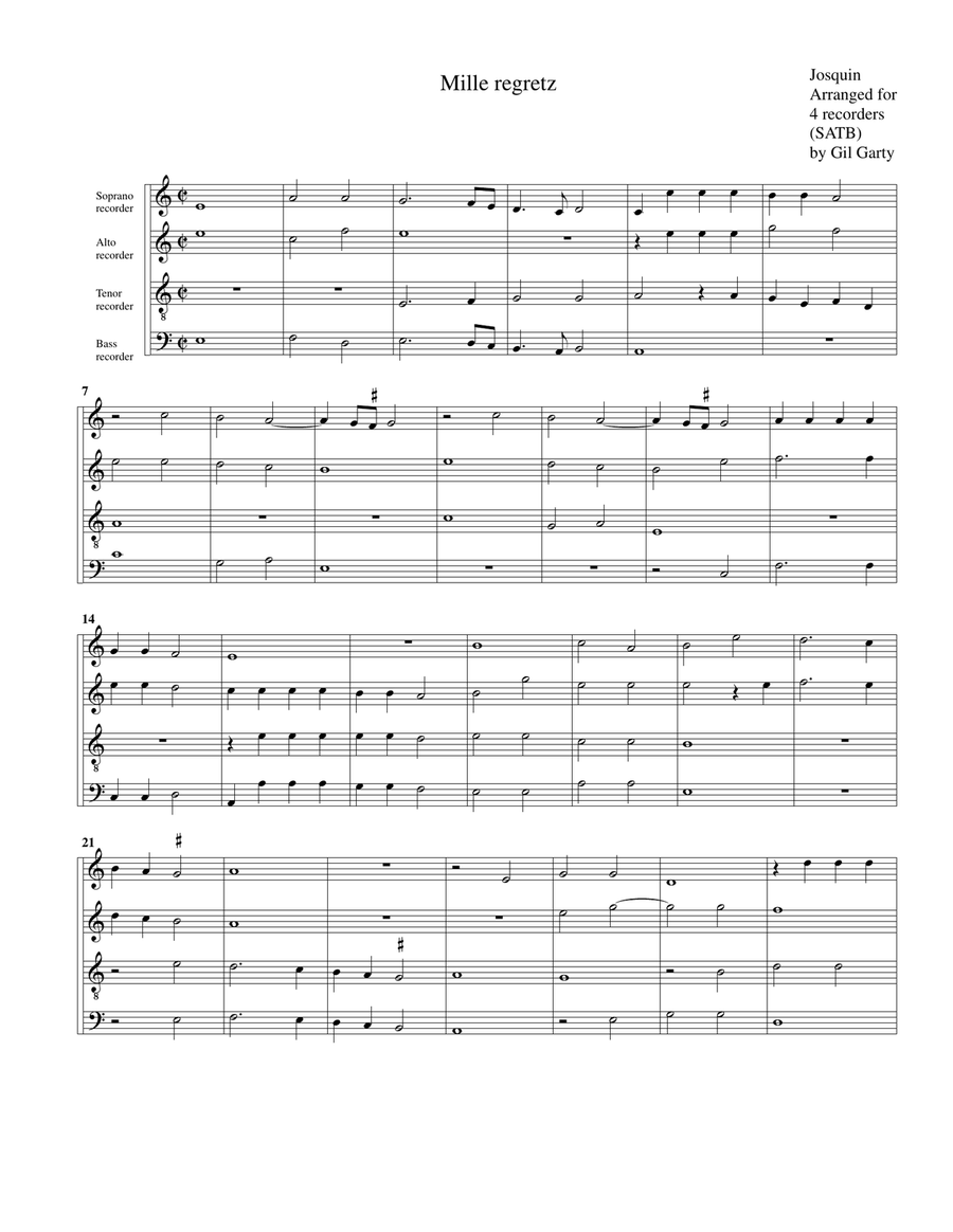 Mille regretz (arrangement for 4 recorders)
