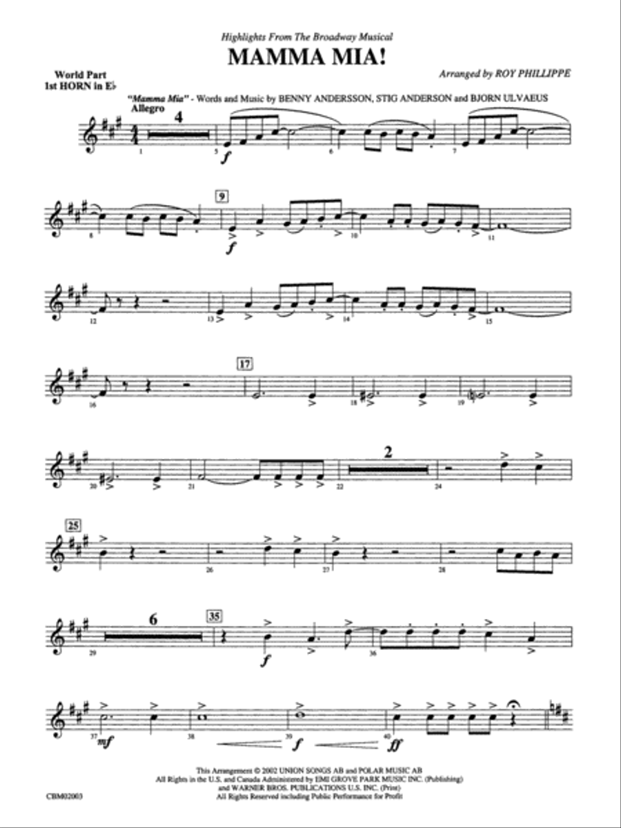 Mamma Mia! -- Highlights from the Broadway Musical: (World Part) 1st Horn in E-flat Concert Band scores gallery preview page 1