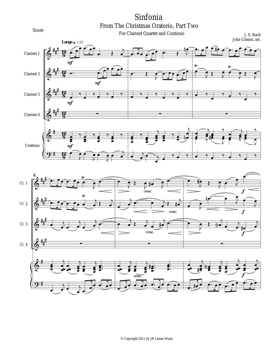 Sinfonia from Bach's Christmas Oratorio for clarinet quartet Clarinet Quartet scores gallery preview page 1