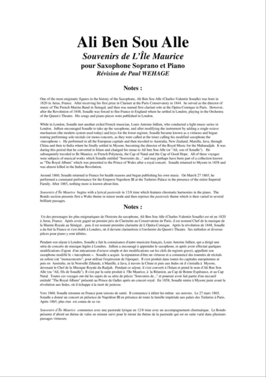 Ali Ben Sou Alle: Souvenirs d'Île Maurice for soprano saxophone and piano Soprano Saxophone scores gallery preview page 1