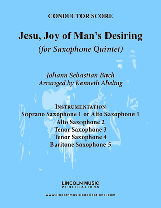 Book cover for Bach - Jesu, Joy of Man’s Desiring (for Saxophone Quintet SATTB or AATTB)