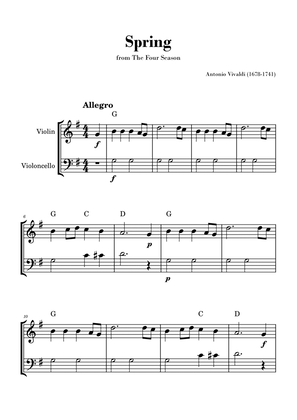 Book cover for Spring from 'The Four Seasons' by Vivaldi - Easy Violin and Cello Duet with Chords