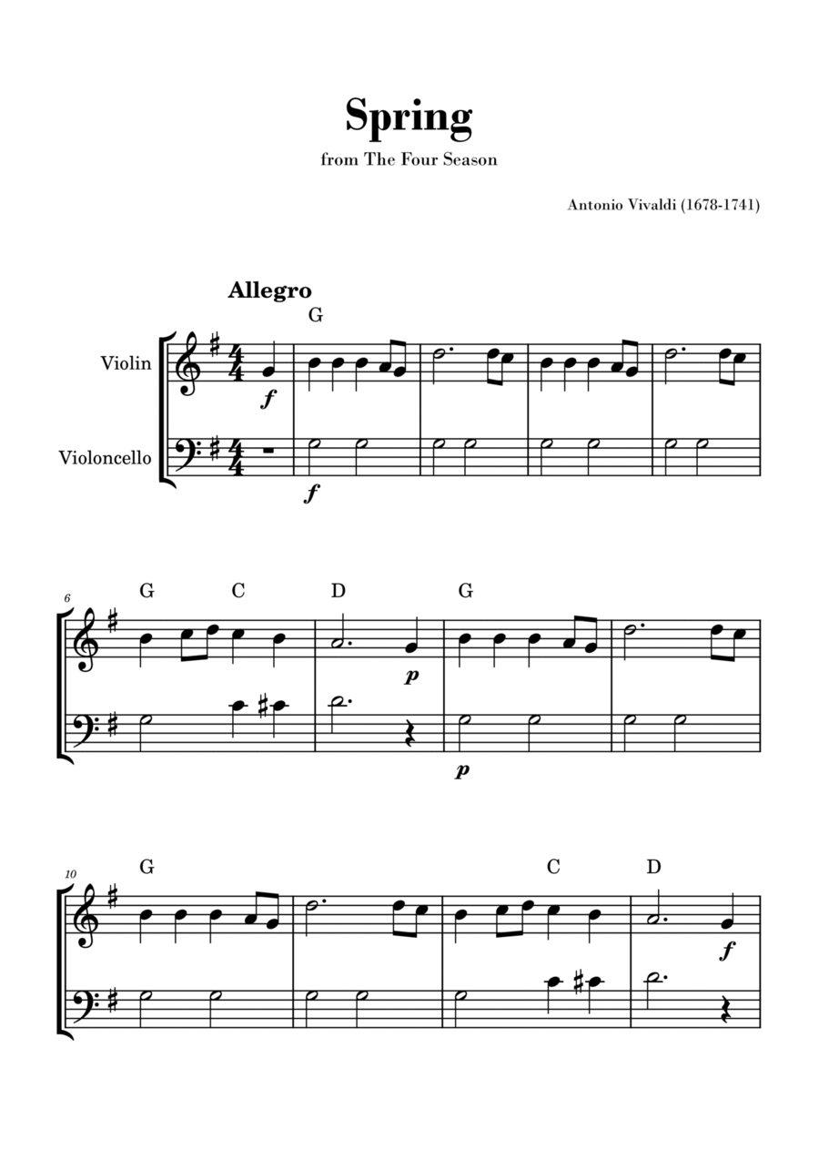 Spring from 'The Four Seasons' by Vivaldi - Easy Violin and Cello Duet with Chords Spring from 'The Four Seasons' by Vivaldi - Easy Violin and Cello Duet with Chords String Duet scores gallery preview page 1