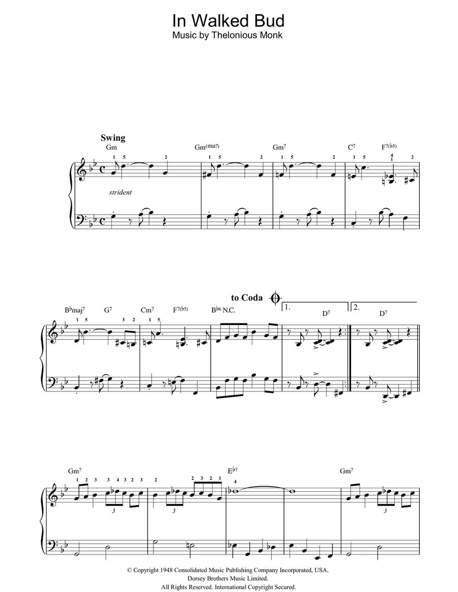 In Walked Bud In Walked Bud Piano Solo scores gallery preview page 1