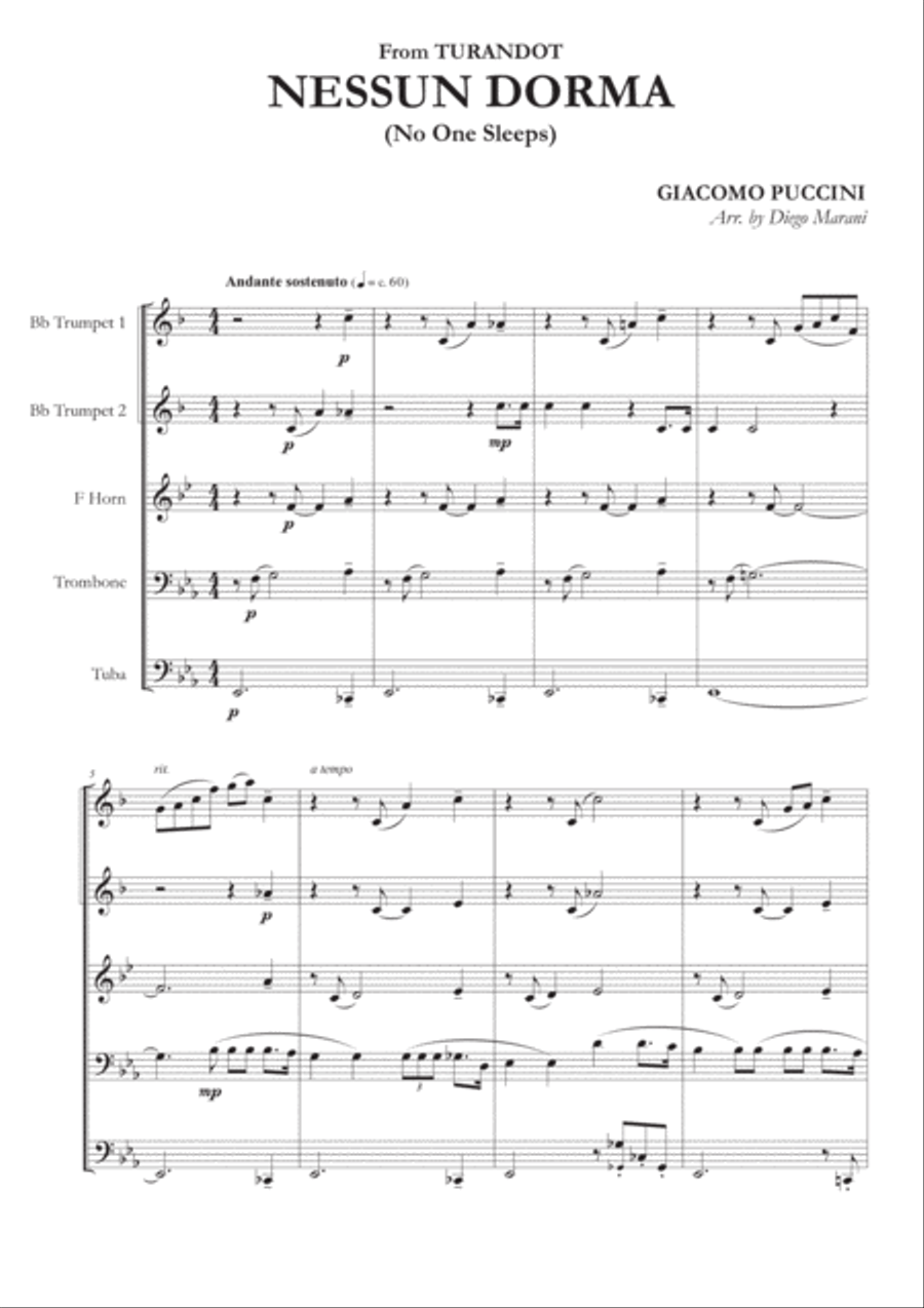 Nessun Dorma for Brass Quintet Brass Quintet scores gallery preview page 2