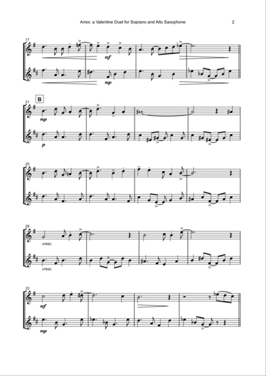 Amore, (Italian for Love), Soprano and Alto Saxophone Duet Woodwind Duet scores gallery preview page 3