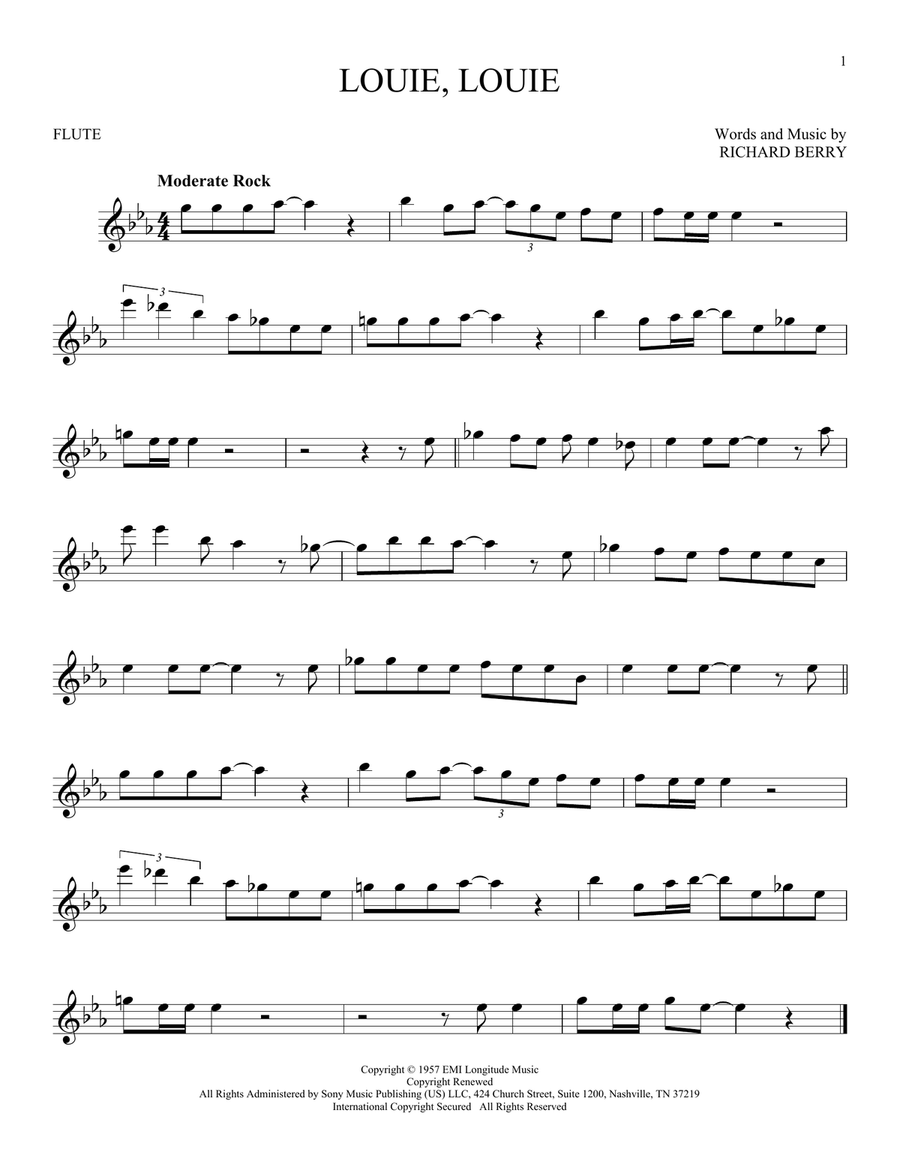 Louie, Louie Louie, Louie Flute Solo scores gallery preview page 1