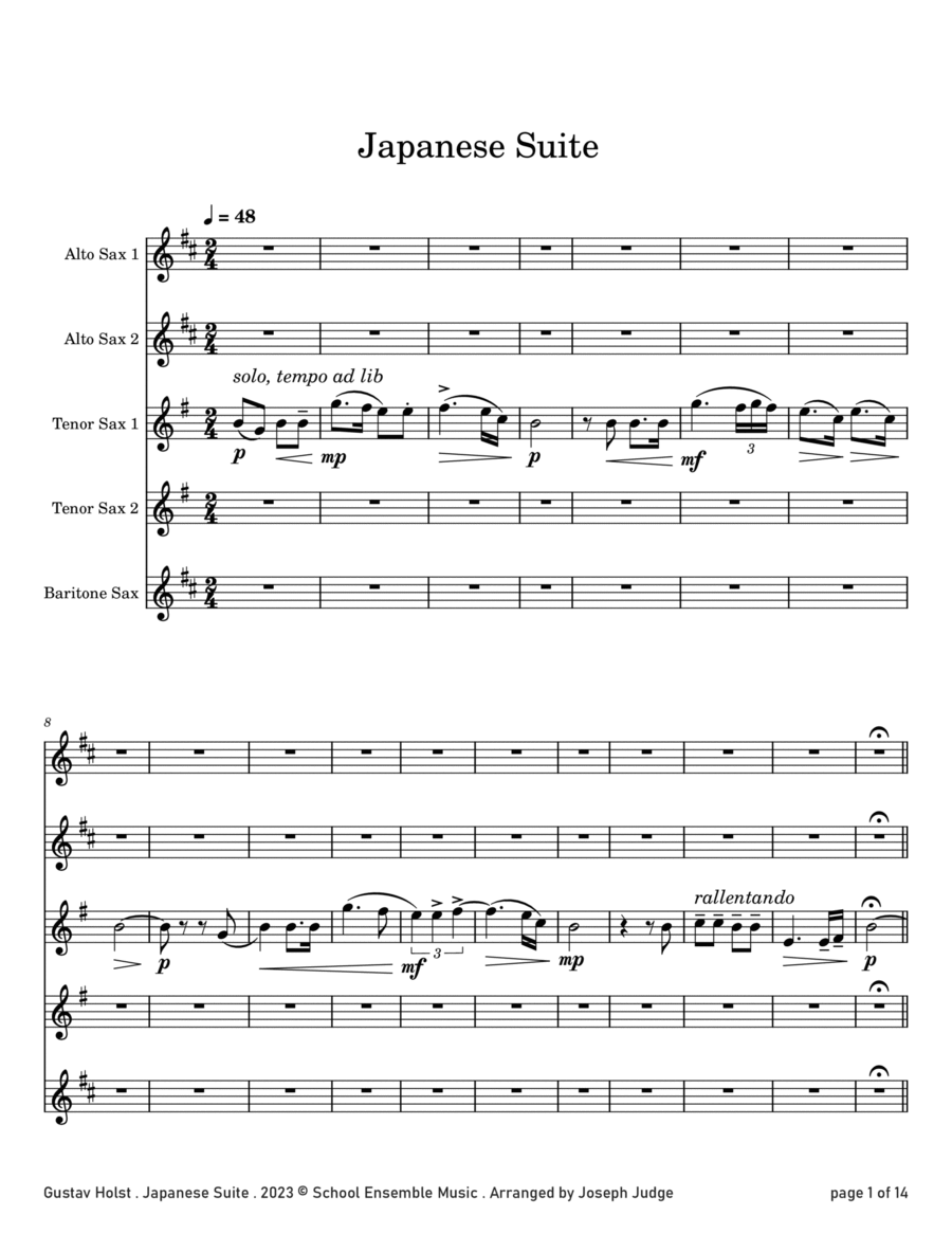Japanese Suite by Holst for Saxophone Quintet in Schools Saxophone Quintet scores gallery preview page 1