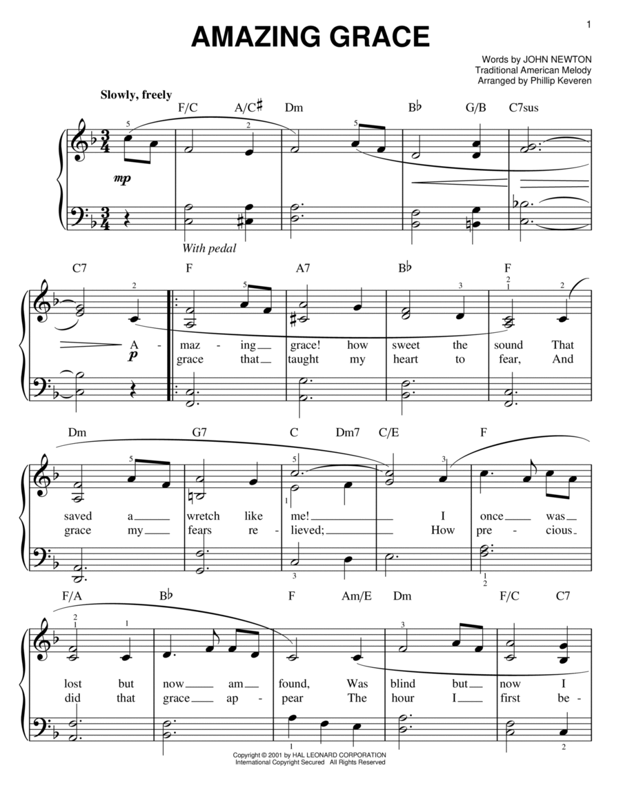 Amazing Grace (arr. Phillip Keveren) Easy Piano scores gallery preview page 1