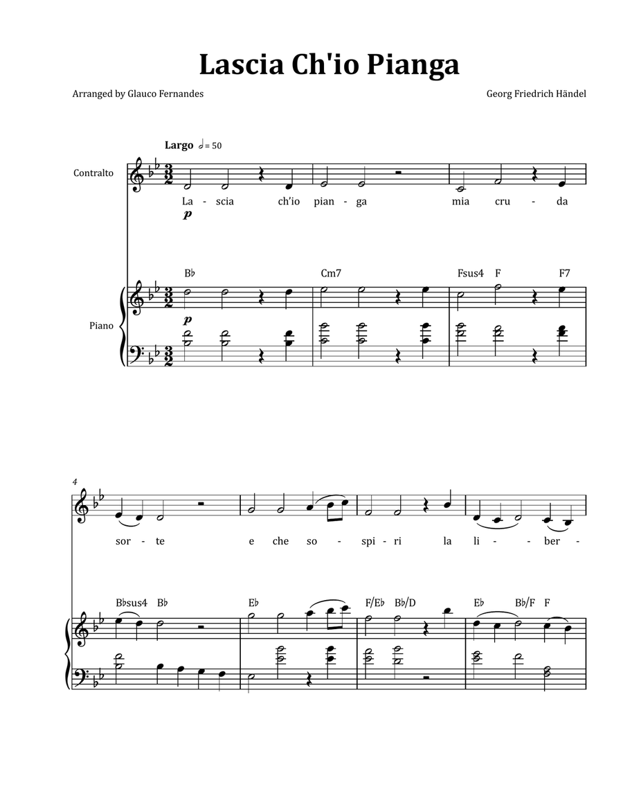 Lascia Ch'io Pianga by Händel - Contralto & Piano in B-flat Major with Chord Notation Chamber Music scores gallery preview page 1