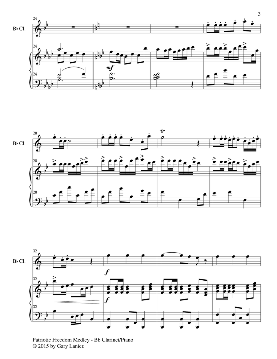 PATRIOTIC FREEDOM MEDLEY (Duet – Bb Clarinet and Piano/Score and Parts) Woodwind Duet scores gallery preview page 4