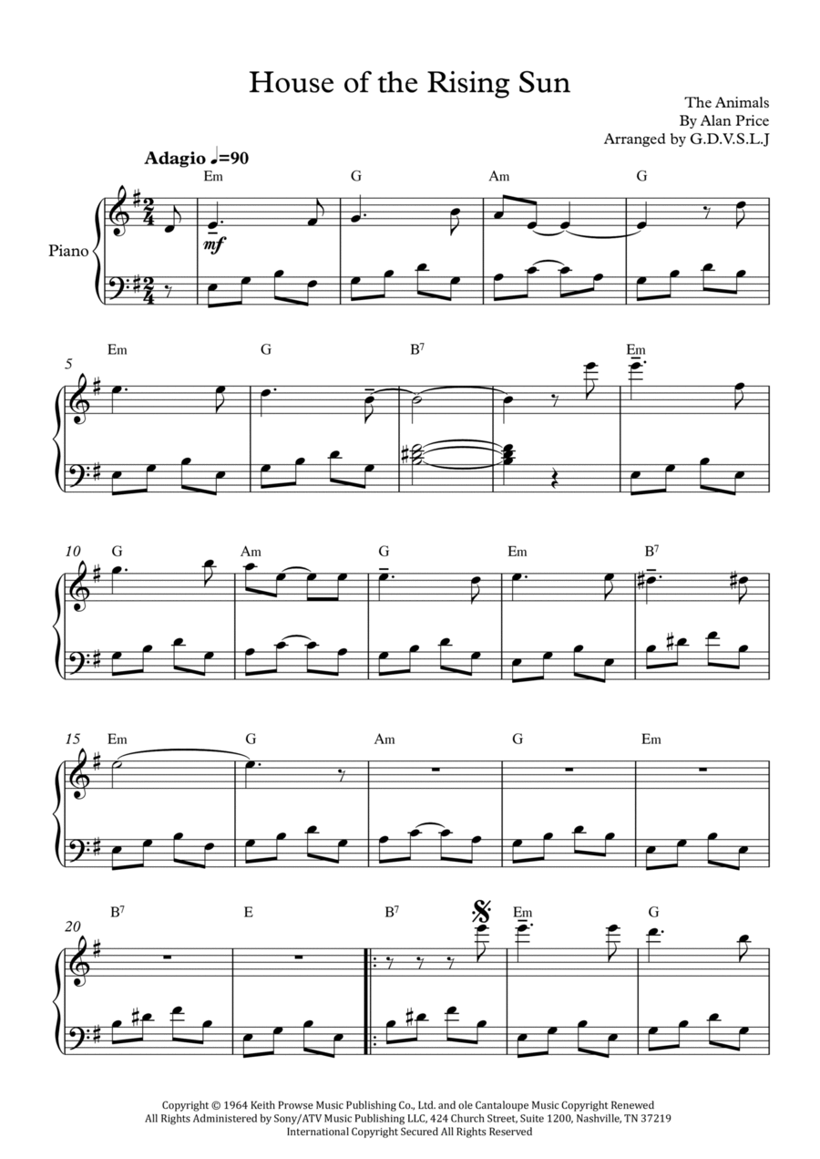 The House Of The Rising Sun Easy Piano scores gallery preview page 1