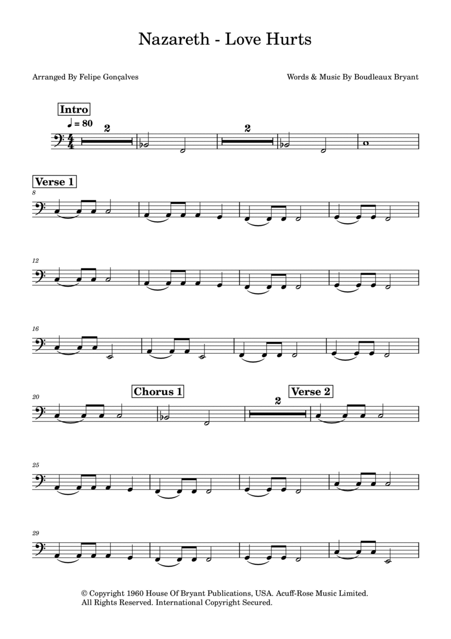 Love Hurts Love Hurts Bass Guitar scores gallery preview page 1
