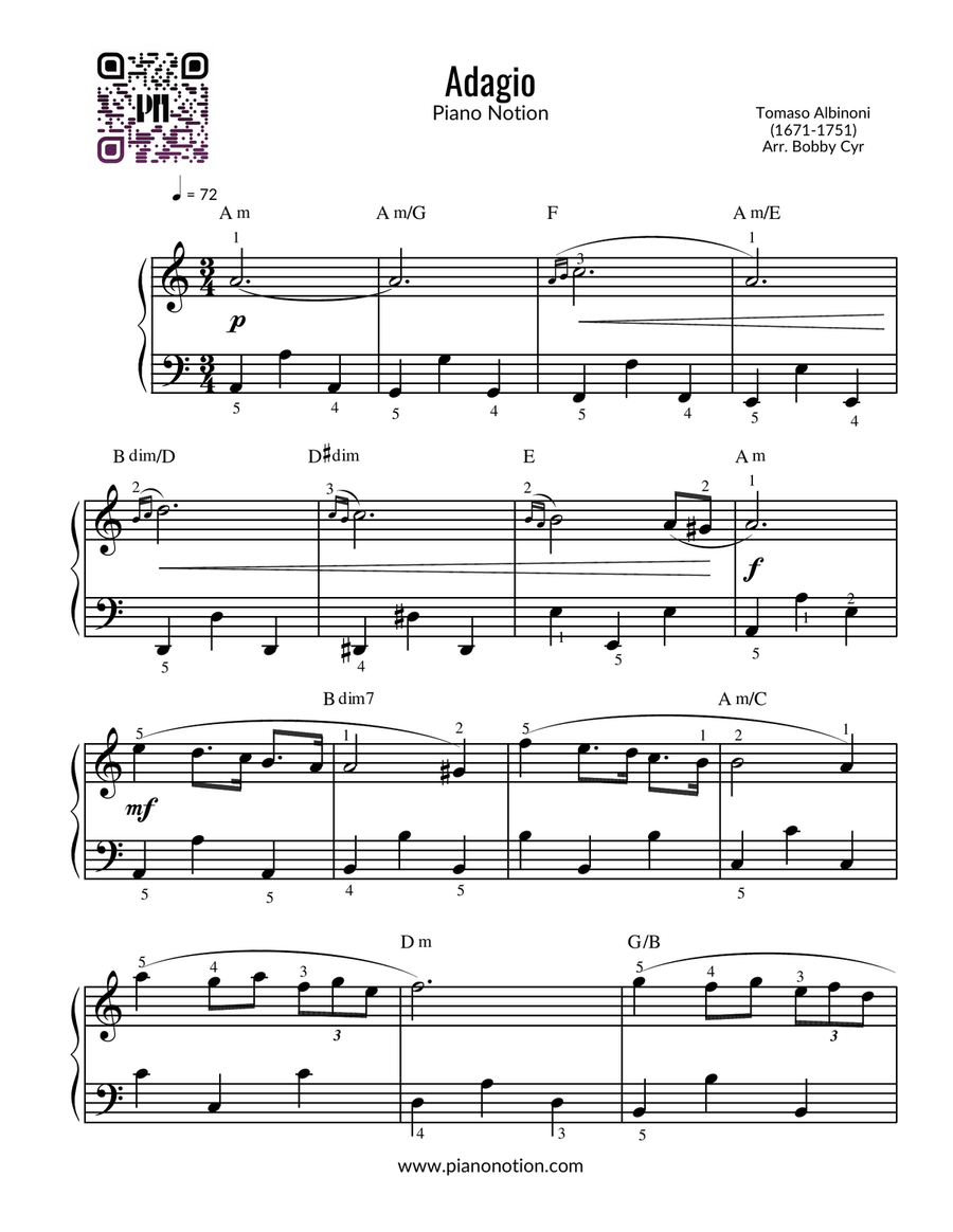 Adagio - Tomaso Albinoni (Piano Solo ) Easy Piano scores gallery preview page 1