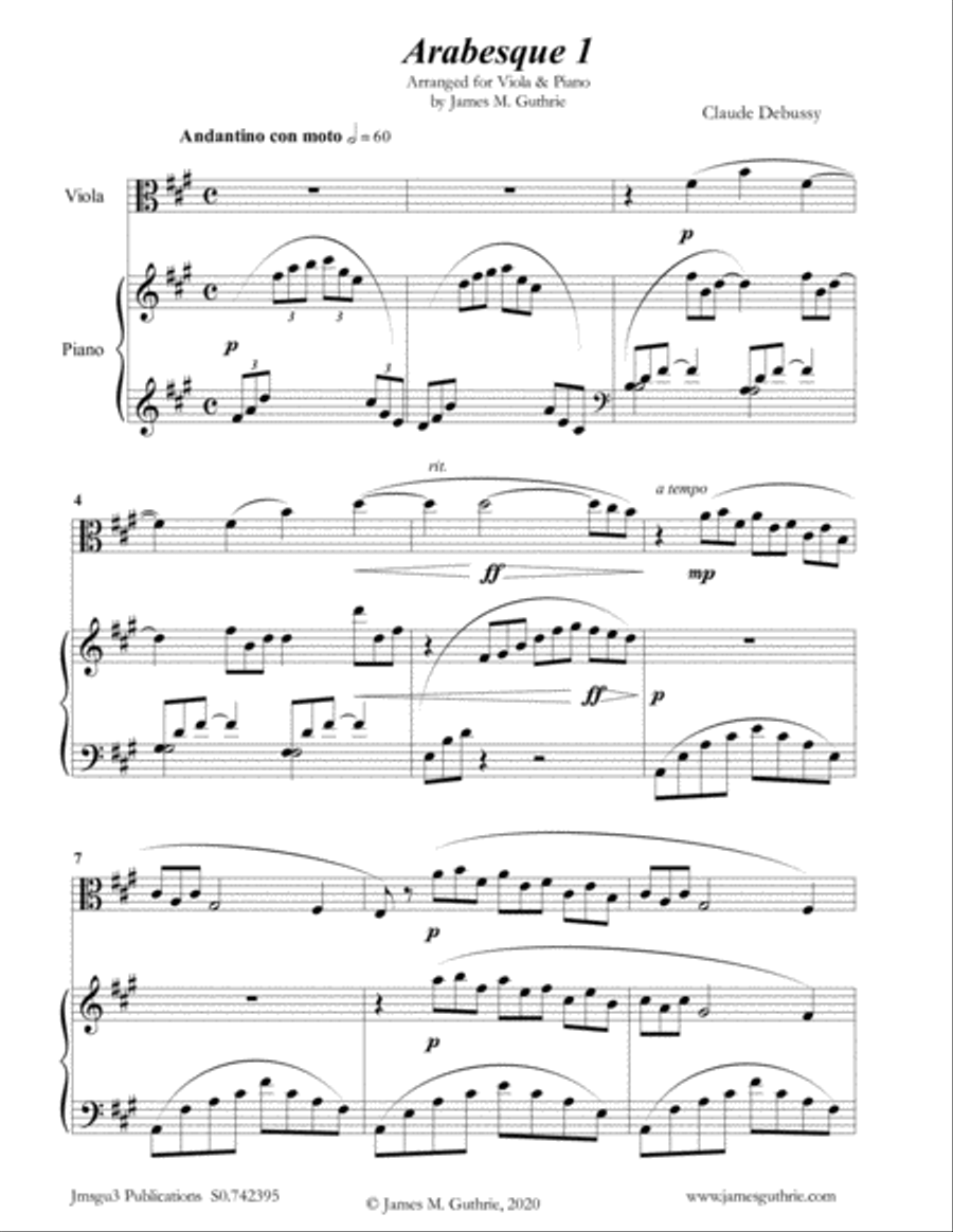 Debussy: Two Arabesques for Viola & Piano Viola scores gallery preview page 1