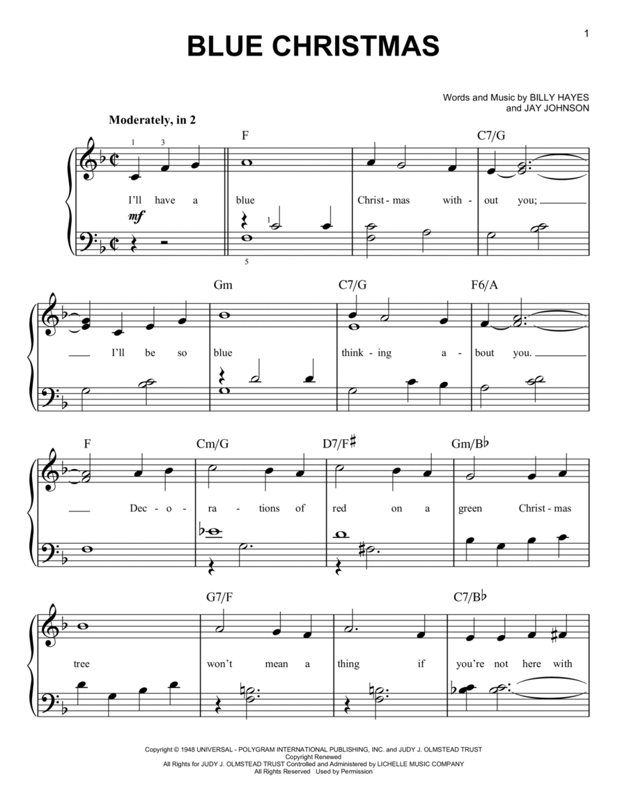 Blue Christmas Blue Christmas Easy Piano scores gallery preview page 1