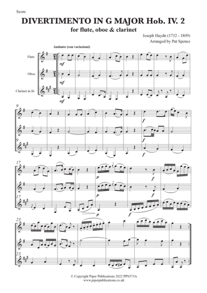 HAYDN: DIVERTIMENTI IN G MAJOR Hob.IV 2 & 4 for flute, oboe & clarinet