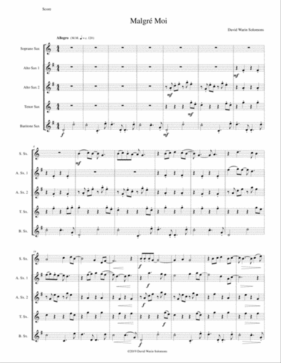 Malgré Moi (Against my will) for saxophone quintet Saxophone Quintet scores gallery preview page 1