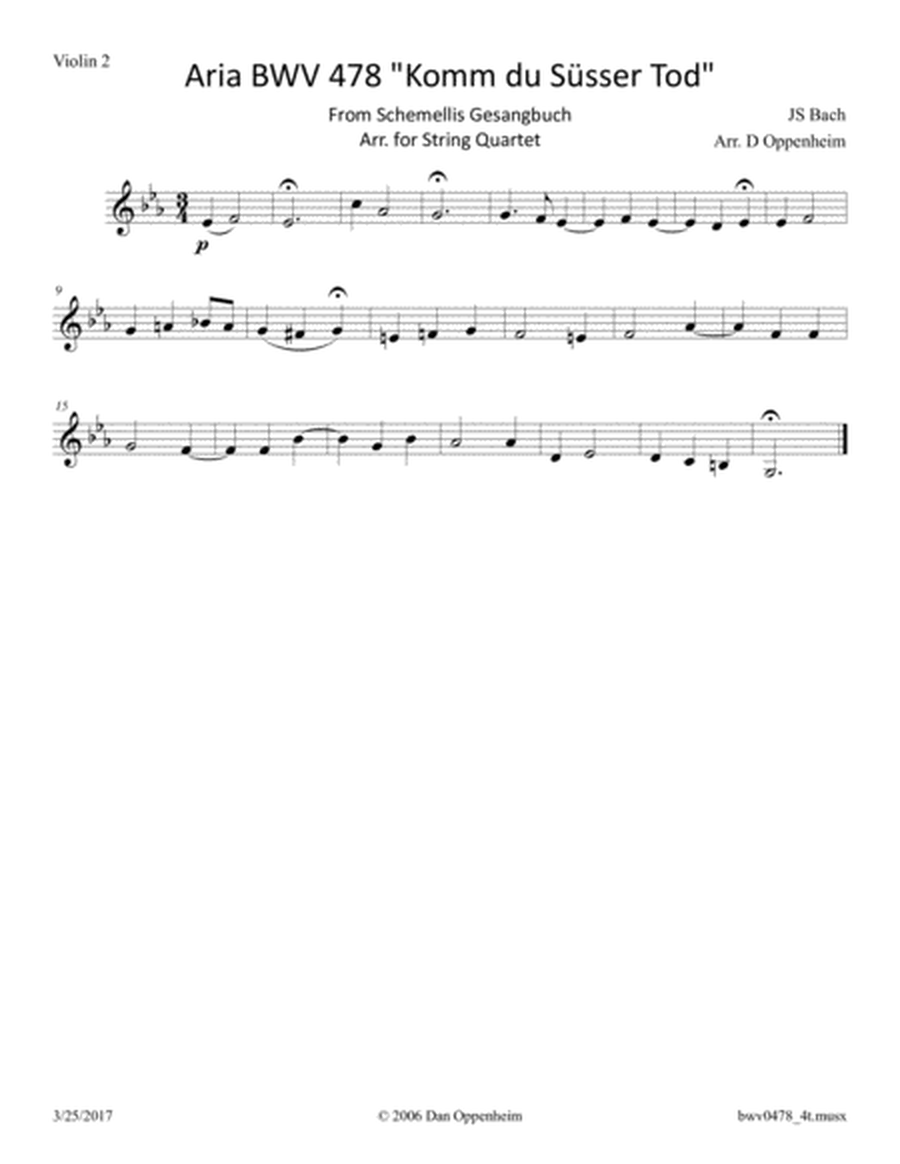 Bach: Aria "Komm du Süsser Tod" from Schemellis Gesangbuch BWV 478 arr. for String Quartet. image number null