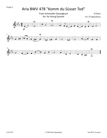 Bach: Aria "Komm du Süsser Tod" from Schemellis Gesangbuch BWV 478 arr. for String Quartet. image number null