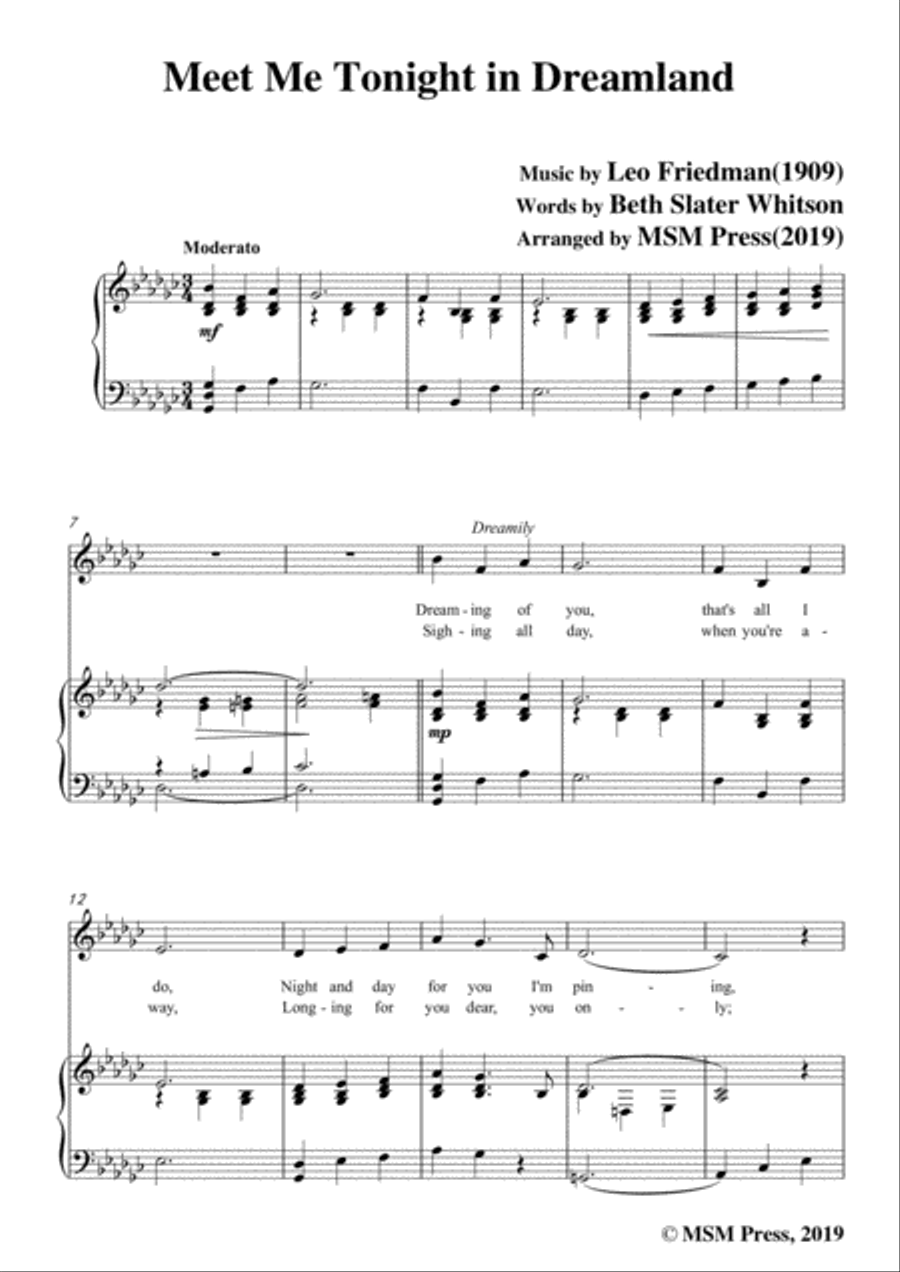 Leo Friedman-Meet Me Tonight in Dreamland,in G flat Major,for Voic&Piano Voice scores gallery preview page 3