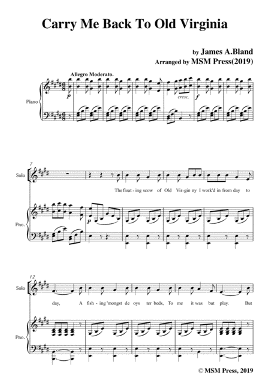 James A. Bland-Carry Me Back To Old Virginny,in E Major,for Voice &Pno Voice scores gallery preview page 3