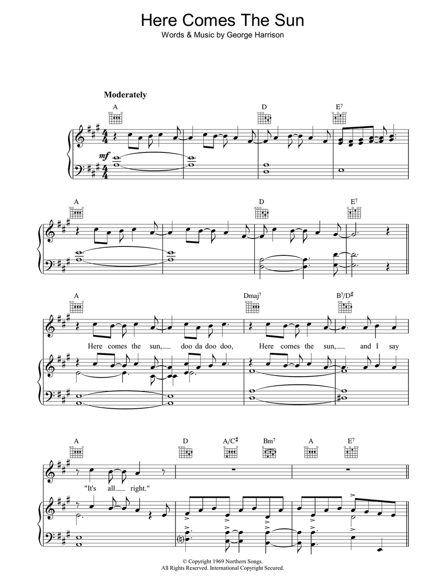 Here Comes The Sun Piano, Vocal, Guitar scores gallery preview page 1