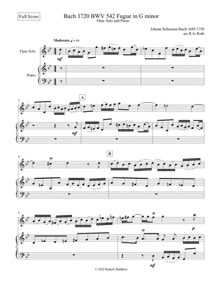 Bach 1720 BWV 542 Fugue in Gm Solo Flute and Piano Score and Parts