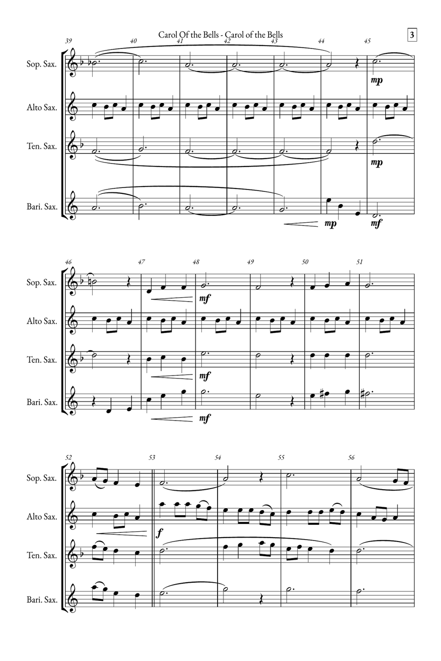Carol of the Bells Saxophone Quartet scores gallery preview page 3