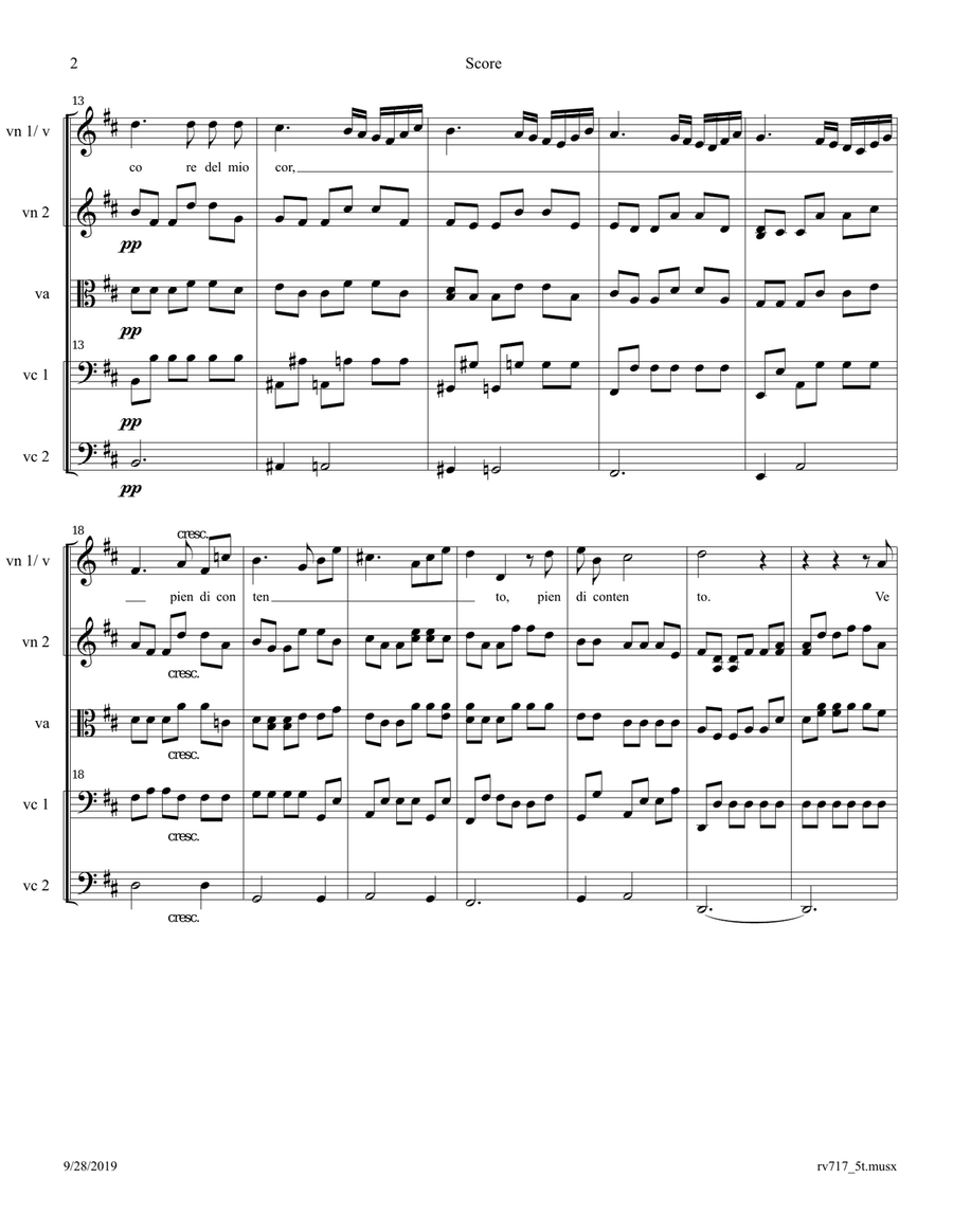 Vivaldi: Aria - 'Vedrò con mio diletto' from Il Giustino RV 717 Arr. for 2-Cellos Quintet or Voice Small Ensemble scores gallery preview page 2
