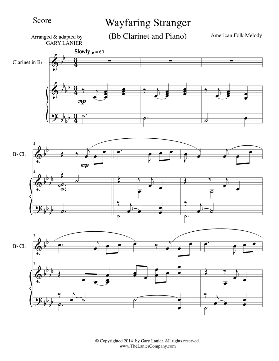 WAYFARING STRANGER (Bb Clarinet/Piano and ClarinetPart) B-Flat Clarinet scores gallery preview page 1