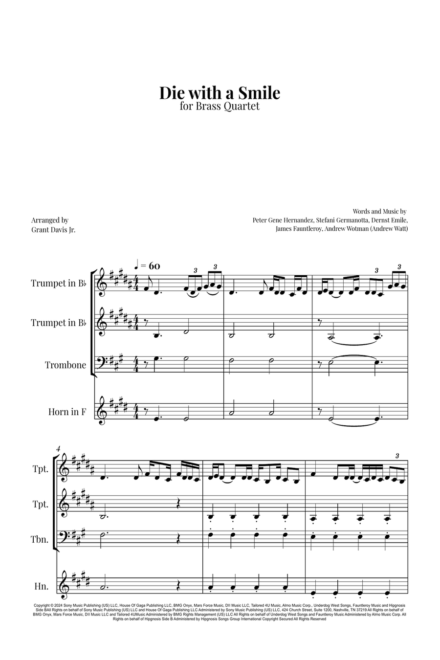 Die With A Smile Brass Quartet scores gallery preview page 1