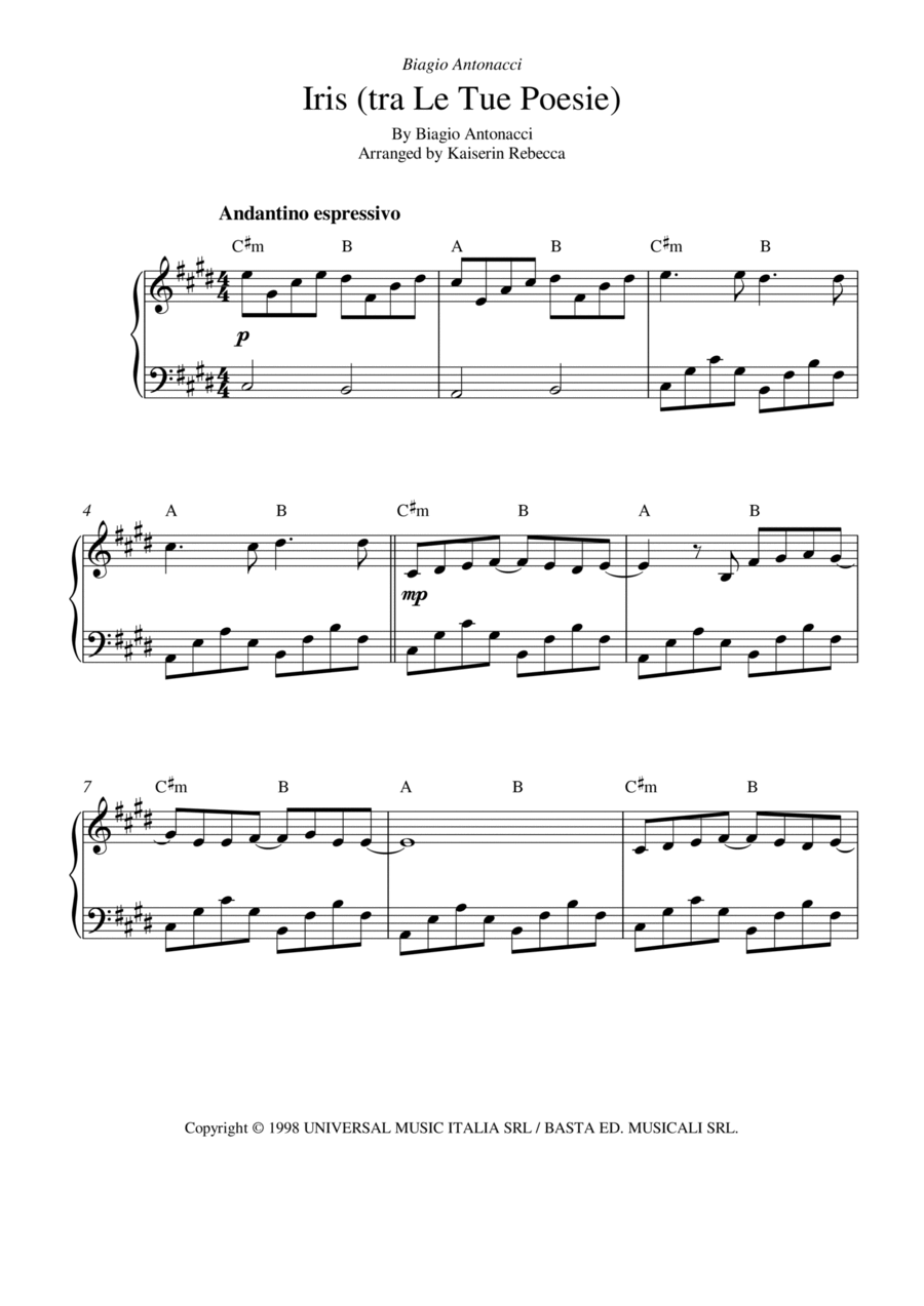 Iris (tra Le Tue Poesie) Piano Solo scores gallery preview page 1