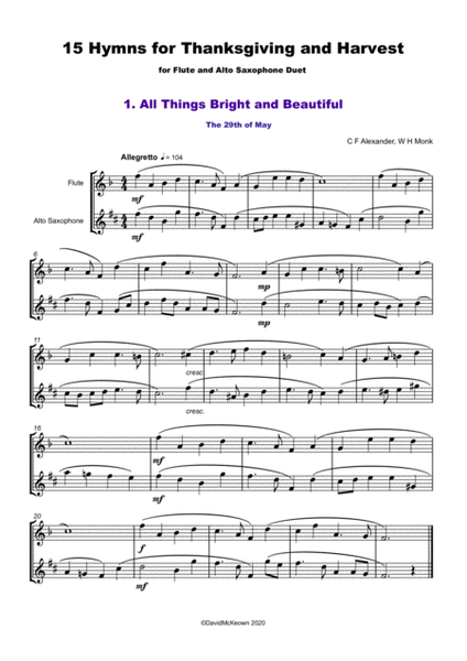 15 Favourite Hymns for Thanksgiving and Harvest for Flute and Alto Saxophone Duet